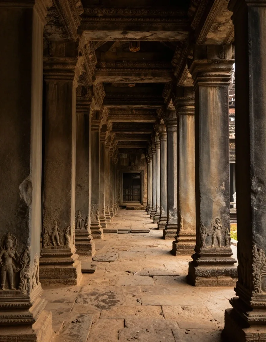 Angkor Wat outer gallery corridor before dawn with columns receding into shadow