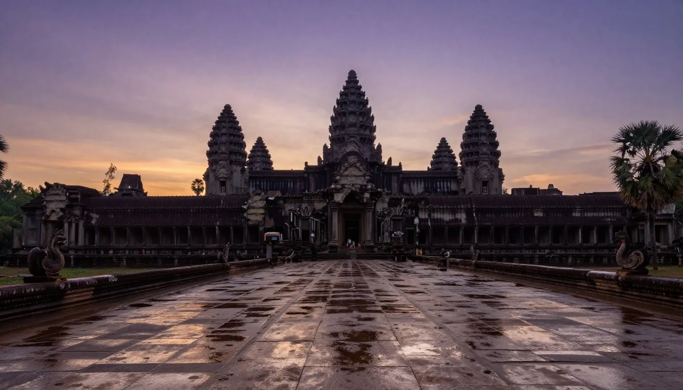 Angkor Wat causeway at pre-dawn with central towers silhouetted against an indigo-to-amber sky