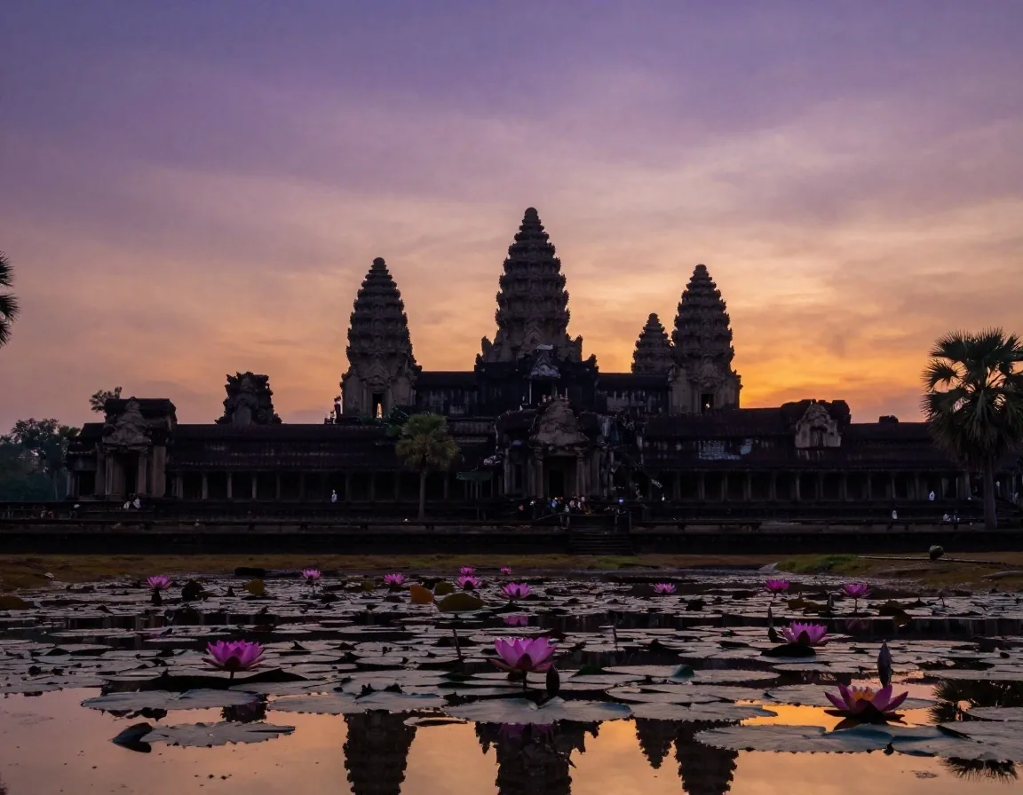 Lotus pond reflection of Angkor Wat towers at dawn