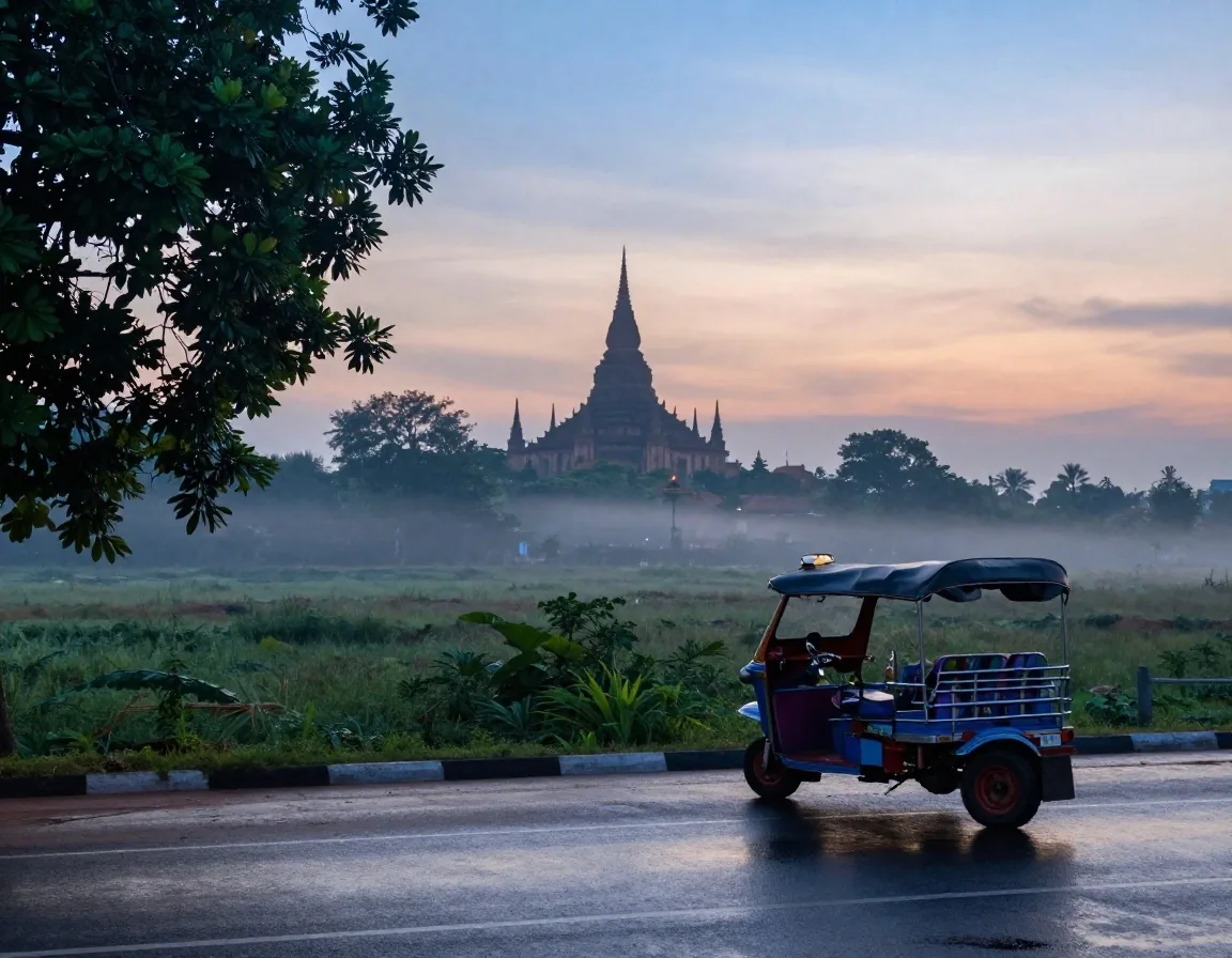 Siem Reap street scene near the Angkor park entrance at early morning