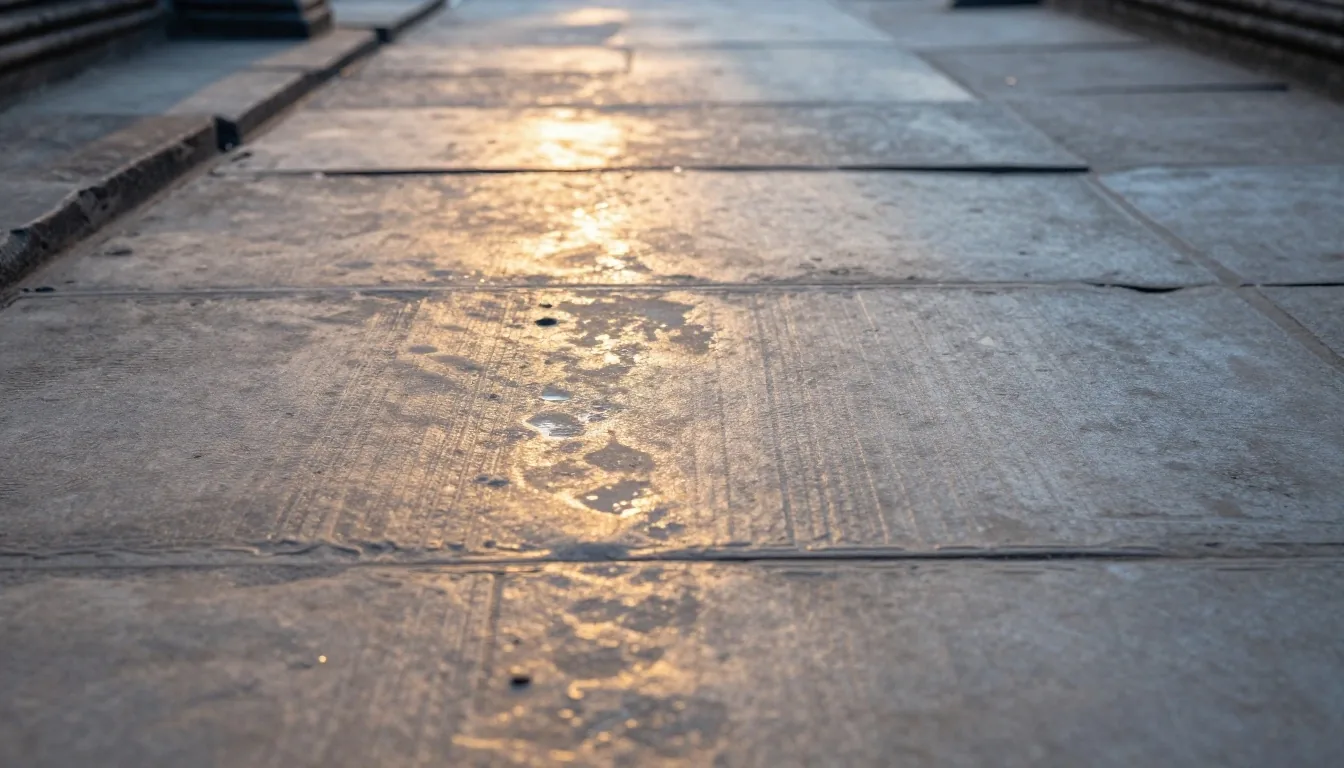 Wet sandstone causeway surface detail at Angkor Wat before dawn