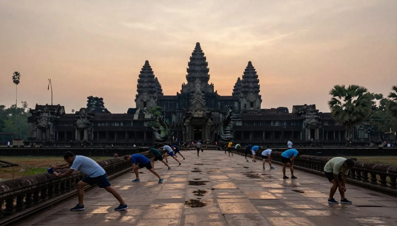 Runners gathering on the Angkor Wat causeway before dawn during the September equinox