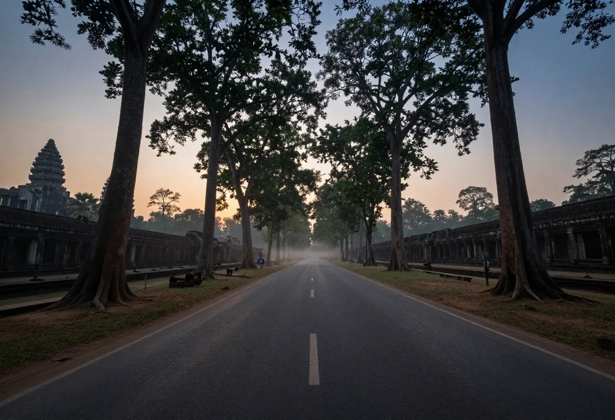 Running route through Angkor Archaeological Park at dawn