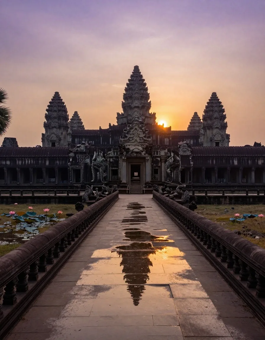 Sunrise over Angkor Wat's central tower seen from the western causeway during the September equinox