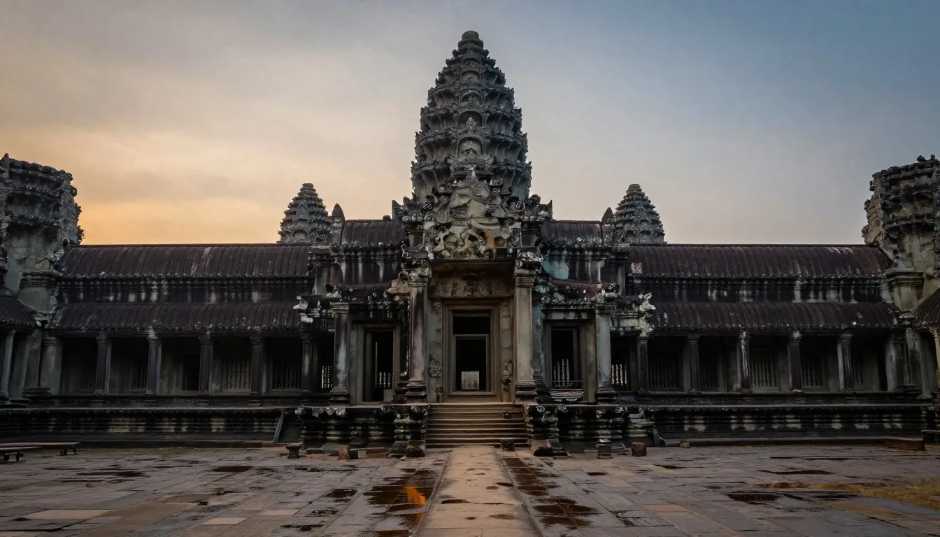 ផ្លូវចូលអង្គរវត្តនៅពេលព្រលឹមស្រាងៗ ជាមួយនឹងស្រមោលប្រាសាទកណ្តាលដែលស្ថិតនៅចំកណ្តាលផ្ទៃមេឃពណ៌ខៀវទៅពណ៌លឿងទុំ