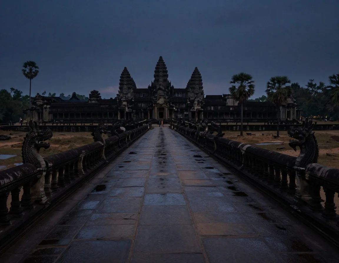 ផ្លូវដើរចូលខាងលិចនៃអង្គរវត្តដែលទំនេរនៅពេលងងឹតមុនថ្ងៃរះ