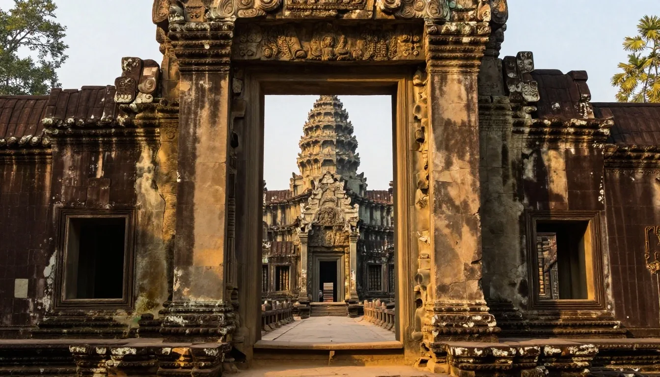ច្រកទ្វារខាងលិចខាងក្រៅនៃអង្គរវត្តនៅពេលព្រលឹម មើលពីលើវេទិកាដែលបានលើកឡើង