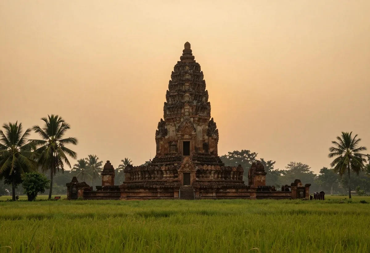 ប្រាសាទប្រែរូបនៅពេលថ្ងៃរះ ជាមួយវាលស្រែ និងដើមត្នោតនៅខាងមុខ