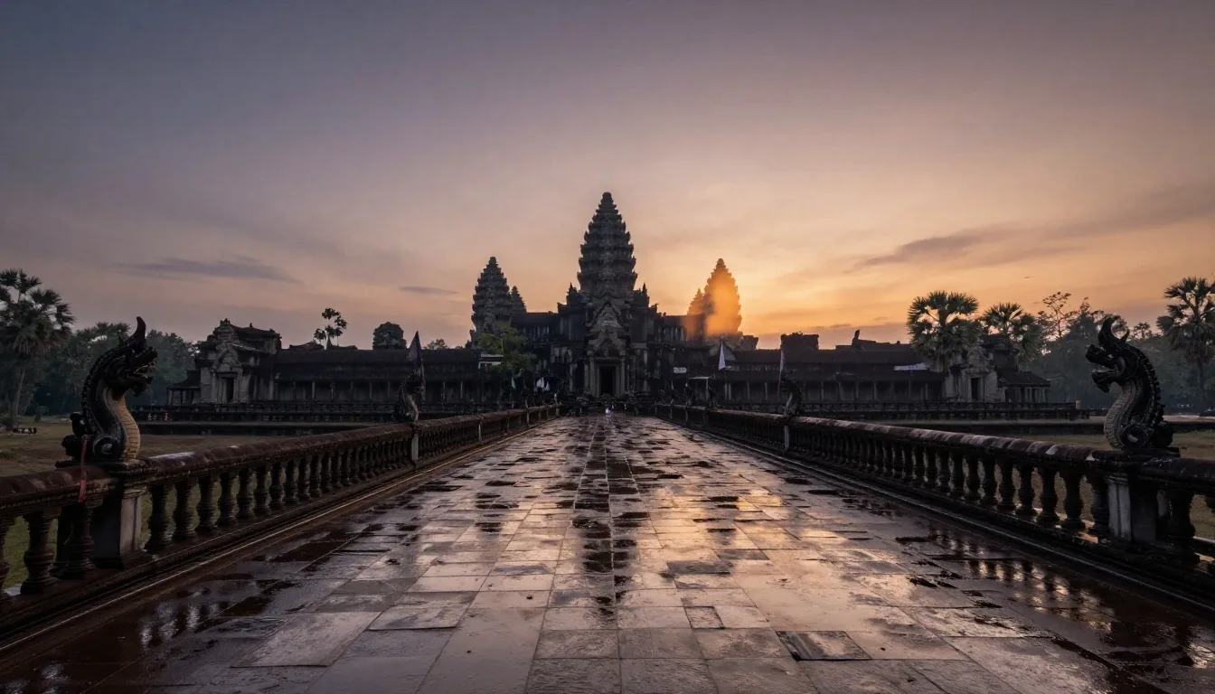 ផ្លូវដើរចូលអង្គរវត្តនៅពេលព្រលឹម ជាមួយនឹងស្រមោលប្រាសាទកណ្តាល