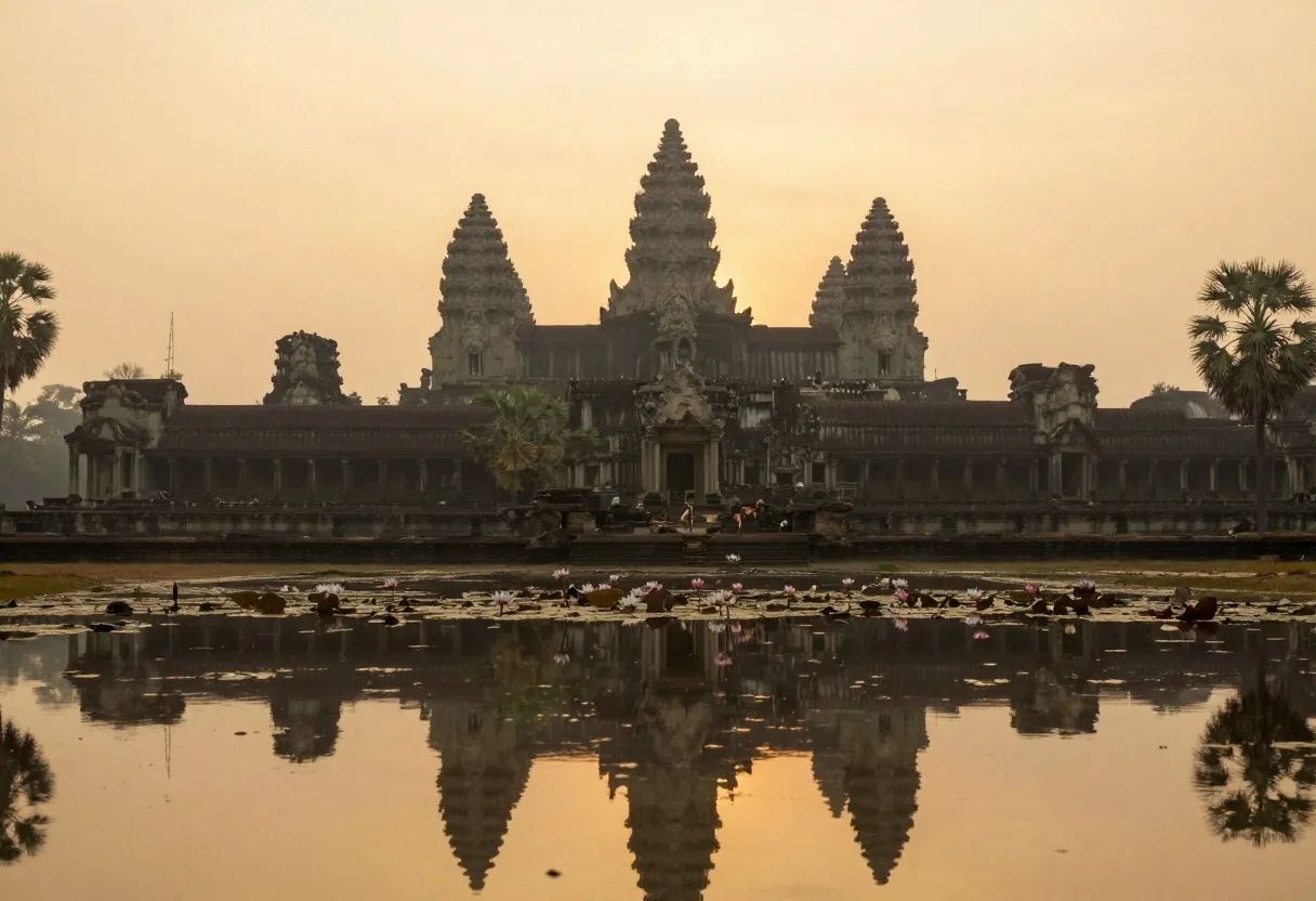 Lotus pond reflecting Angkor Wat towers at dawn
