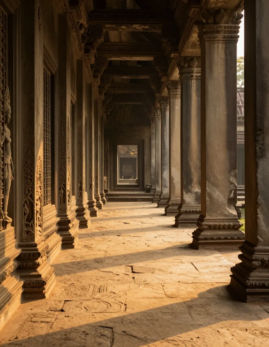 Angkor Wat outer gallery corridor during golden hour with warm light on bas-relief carvings