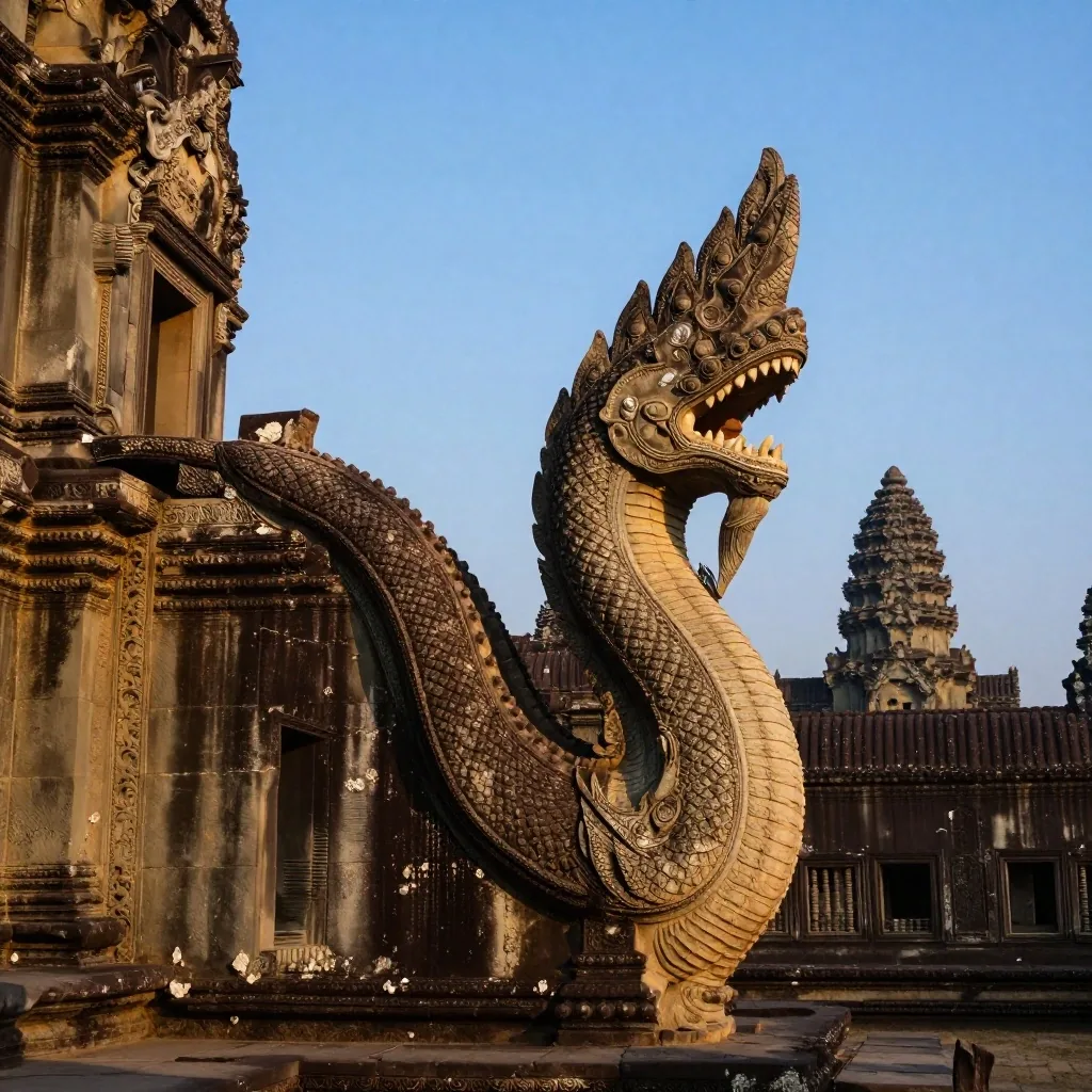 Angkor Wat causeway at pre-dawn with central tower silhouette under indigo-to-amber sky