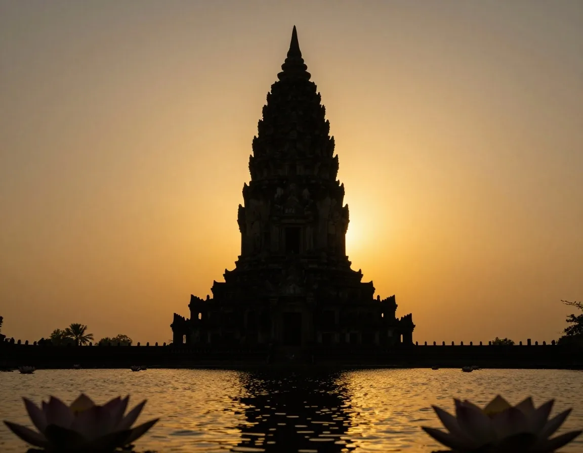 High contrast Angkor Wat sunrise photograph with dark temple silhouette against bright sky