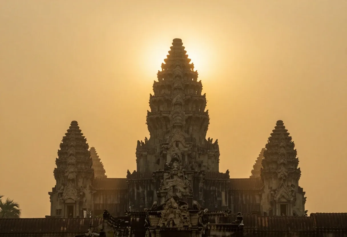 Telephoto compressed view of Angkor Wat central tower with large rising sun behind it