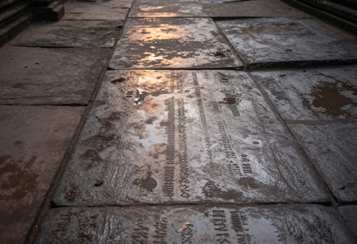 Wet stone causeway surface at Angkor Wat before dawn with tool-mark grain detail