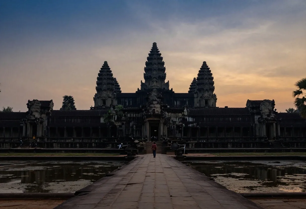 Wide-angle view of Angkor Wat temple complex with five towers and reflecting pools at pre-dawn
