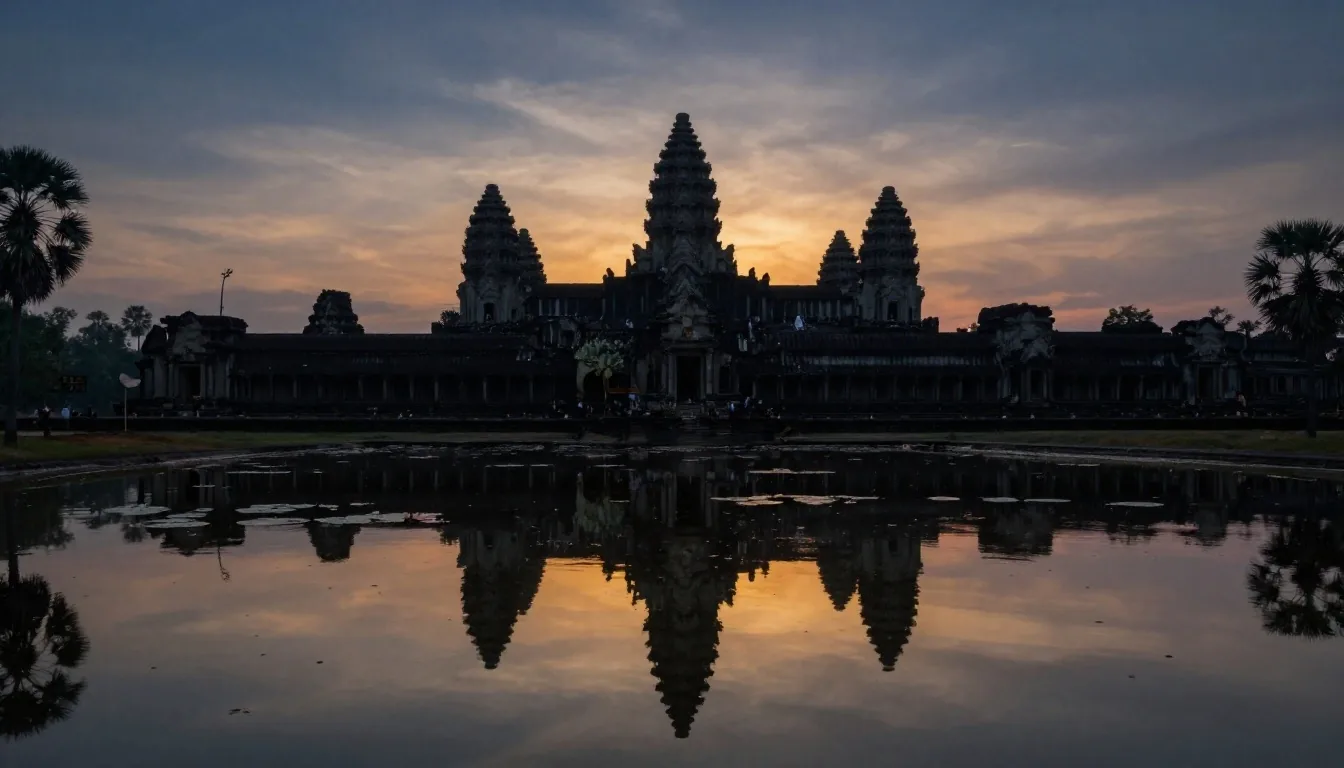 ផ្លូវចូលអង្គរវត្ត និងប្រាង្គកណ្តាលនៅពេលព្រលឹមក្នុងអំឡុងពេលតម្រឹមសមភាពខែកញ្ញា