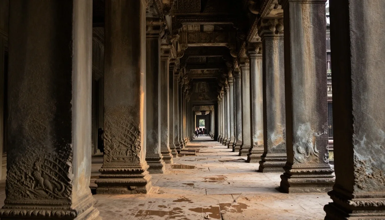 ច្រករបៀងវិចិត្រសាលខាងក្រៅនៃអង្គរវត្តក្នុងម្លប់មុនពេលព្រលឹមអំឡុងពេលសមរាត្រីខែកញ្ញា