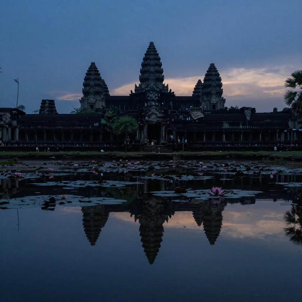 ស្រះឈូកឆ្លុះបញ្ចាំងប្រាង្គអង្គរវត្តនៅពេលព្រលឹមក្នុងអំឡុងពេល Equinox ខែកញ្ញា