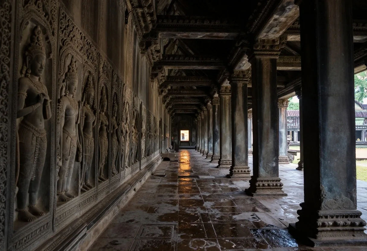 ច្រករបៀងវិចិត្រសាលខាងក្រៅនៃអង្គរវត្ត ជាមួយនឹងសសរដែលដកថយទៅក្នុងស្រមោលមុនពេលព្រឹកព្រលឹម