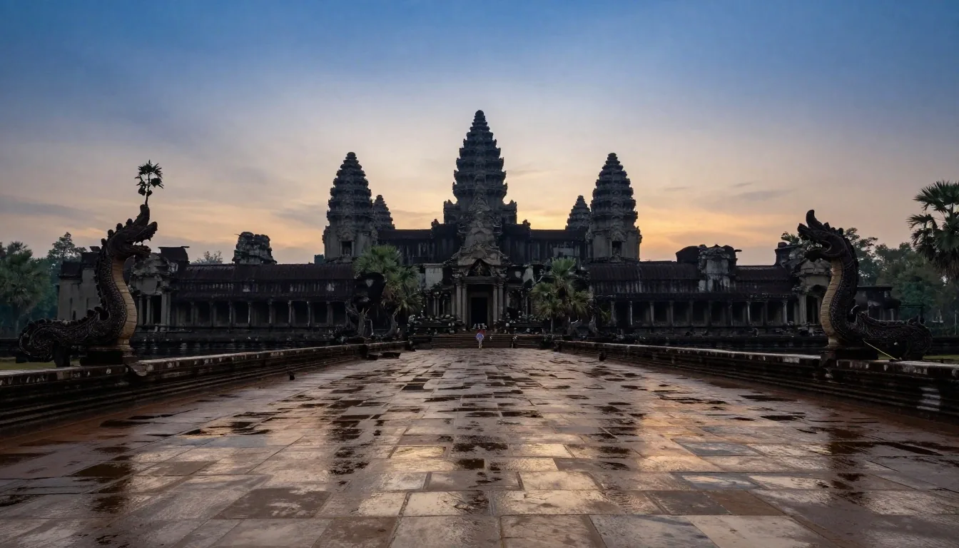 ផ្លូវដើរអង្គរវត្តនៅពេលព្រលឹមជាមួយនឹងស្រមោលប្រាសាទកណ្តាលដែលស្ថិតនៅចំកណ្តាលក្រោមមេឃពណ៌ខៀវទៅពណ៌លឿងទុំ