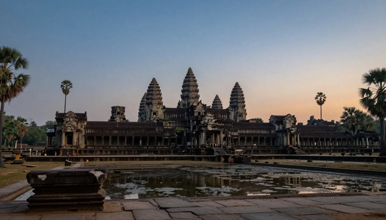 Angkor Wat causeway at pre-dawn with central tower silhouette
