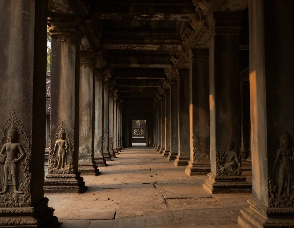 Outer gallery corridor at Angkor Wat before dawn