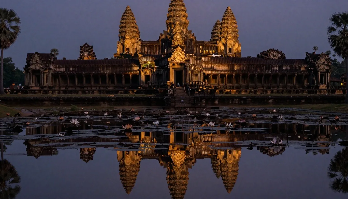 Reflecting pool with Angkor Wat tower reflection at dawn