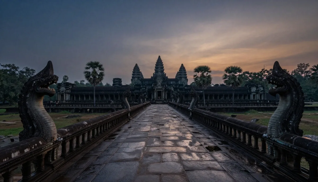 Angkor Wat causeway at pre-dawn with the central tower silhouette aligned to the rising sun