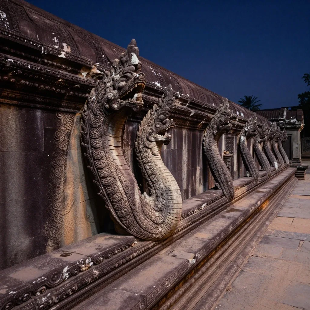 Naga balustrade stone detail on the western causeway at Angkor Wat