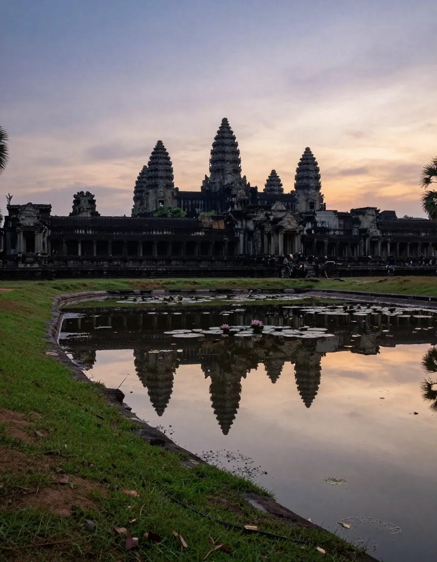Reflection of Angkor Wat towers in the northern lotus pond at pre-dawn