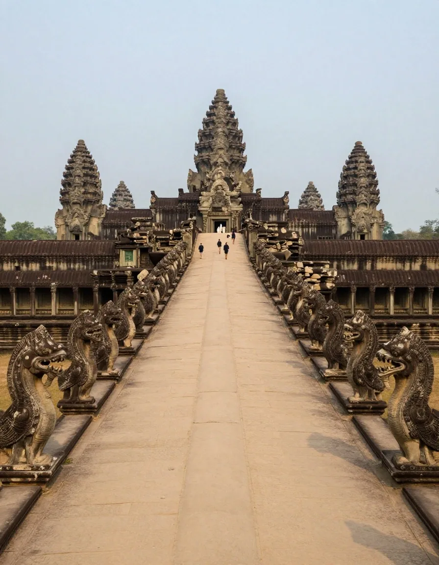 The western causeway of Angkor Wat leading toward the central tower at pre-dawn